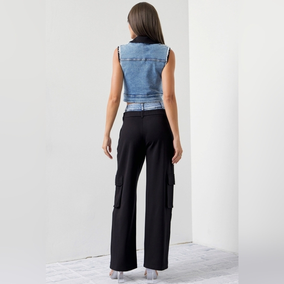 #512 SALE🛑125 S,L HIGH END Mixed Fabric Denim Vest and Cargo Pants Set - Picture 10 of 16